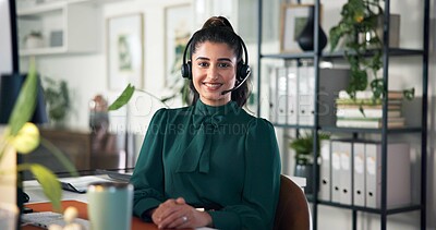 Buy stock photo Office, businesswoman and consultant with headset in portrait, professional career and telemarketing. Call center, female person and agent with happiness for sales feedback, about us and confidence