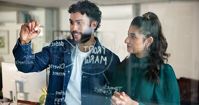 Buy stock photo Man, writing and brainstorming by glass for team project strategy, profit margin or budget for marketing. People, collaboration and mind map with information, vision or research for sales projection