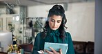 Office, glass wall and business woman with tablet for marketing manager, project research and ideas. Career, female person and digital specialist with problem solving for seo web, planning or reading
