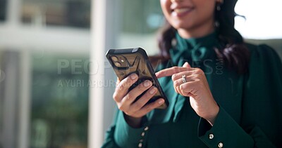 Buy stock photo Office, businesswoman and hands with smartphone for chat, online communication and scroll on break. Workplace, female person and consultant with mobile for application, social media and text message