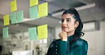 Woman, thinking and planning by glass board for project strategy, ideas and sticky note for agenda. Schedule, brainstorming and storyboard with information, vision and research for inspiration