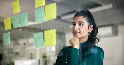 Buy stock photo Woman, thinking and planning by glass board for project strategy, ideas and sticky note for agenda. Schedule, brainstorming and storyboard with information, vision and research for inspiration
