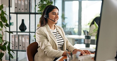 Buy stock photo Consultant, woman and customer service in office with computer, communication and online consulting. Typing, advice or call center for CRM contact support, discussion or sales agent with business