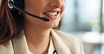 Agent, woman and customer service in sales with mouth, communication and online consulting. Smile closeup, consultant or call center office for CRM contact support, discussion or advice for business
