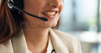 Buy stock photo Agent, woman and customer service in sales with mouth, communication and online consulting. Smile closeup, consultant or call center office for CRM contact support, discussion or advice for business