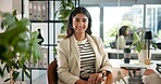 Agent, happy woman and customer service in sales with portrait, communication and online consulting. Smile, confident consultant and call center office for CRM contact support, advice or business