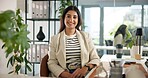 Business, woman at desk and portrait in office for about us, mission and creative worker. Confident, smile and female editor with career pride, future professional growth or opportunity in publishing