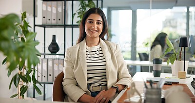 Buy stock photo Business, woman at desk and portrait in office for about us, mission and creative worker. Confident, smile and female editor with career pride, future professional growth or opportunity in publishing