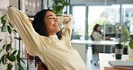 Business, woman and happy with stretching for done, finish job or deadline target at publishing company. Complete, satisfied female editor and efficient workflow solution with relief, pride and break