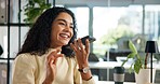 Speaker, phone call and business woman in office for communication, recording and contact. Voice note, professional consultant and person talking on smartphone for discussion, strategy and planning