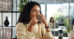 Business, woman and coffee drink in office for caffeine break, satisfied and calm with employee at creative agency. Professional, female editor and relax with tea for wellness, relief and inspiration
