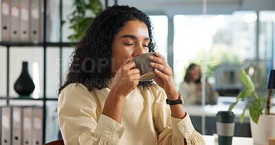 Buy stock photo Business, woman and coffee drink in office for caffeine break, satisfied and calm with employee at creative agency. Professional, female editor and relax with tea for wellness, relief and inspiration