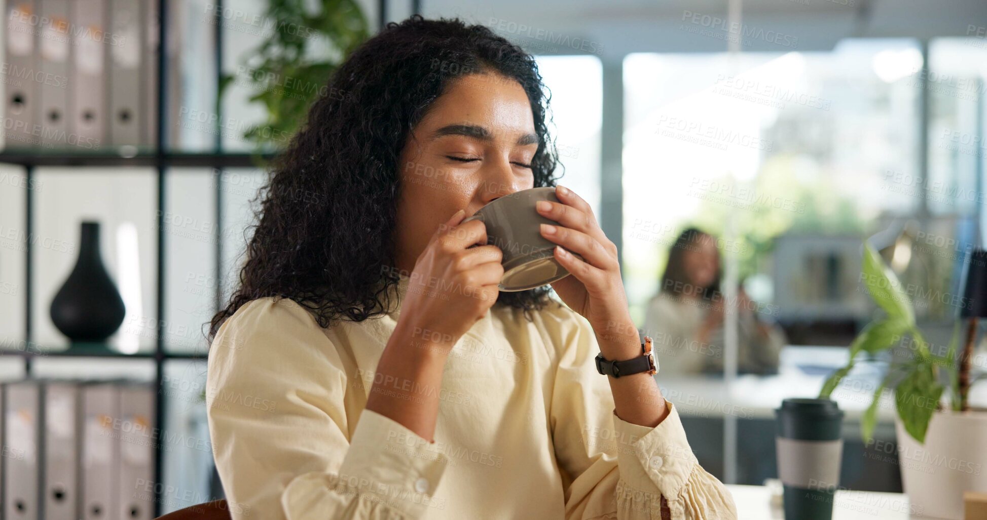 Buy stock photo Business, woman and coffee drink in office for caffeine break, satisfied and calm with employee at creative agency. Professional, female editor and relax with tea for wellness, relief and inspiration