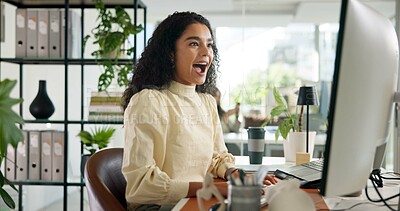 Buy stock photo Computer, designer and surprise with business woman in office for email, good news or notification. Creative, sale and wow with happy design professional in workplace for bonus, goals or target