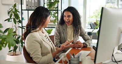 Buy stock photo Meeting, happy and business women on computer for planning, online project and copywriting. Creative agency, laughing and people with joke on digital tech for research, publishing or article feedback