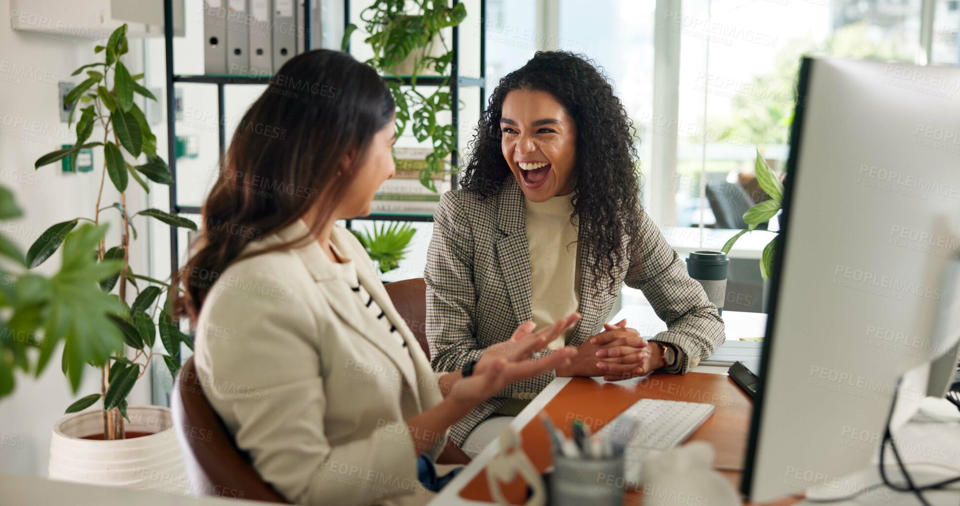 Buy stock photo Meeting, happy and business women on computer for planning, online project and copywriting. Creative agency, laughing and people with joke on digital tech for research, publishing or article feedback