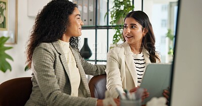 Buy stock photo Meeting, tablet and business women on computer for planning, online project and copywriting. Creative agency, professional and people on digital tech for research, publishing and website article