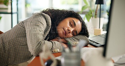 Buy stock photo Business woman, sleeping at desk and fatigue for professional pressure, insomnia or rest in office. Asleep, tired or exhausted in workplace with female employee, burnout and nap for overworked