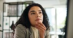 Business woman, thinking or ideas in office for professional vision, inspiration or corporate mindset. Insight, decision or choice for reflection with solution or future perspective for career