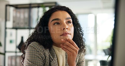 Buy stock photo Business woman, thinking or ideas in office for professional vision, inspiration or corporate mindset. Insight, decision or choice for reflection with solution or future perspective for career