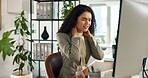 Business woman, neck pain and injury with stress, pressure or burnout for mistake or anxiety in office. Employee, computer and inflammation with sore ache, strain or overworked for workplace accident
