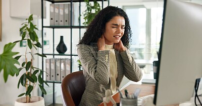 Buy stock photo Business woman, neck pain and injury with stress, pressure or burnout for mistake or anxiety in office. Employee, computer and inflammation with sore ache, strain or overworked for workplace accident