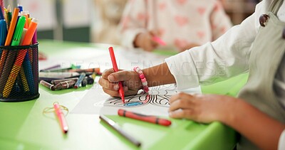 Buy stock photo Color, kindergarten and drawing with hands in classroom for child development, artwork and creative project. Friends, academy and growth with students at school for knowledge, learning and education