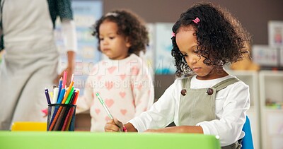 Buy stock photo Color, education and drawing with girl in classroom for child development, artwork and creative project. Youth, academy and growth with students at school for knowledge, learning and kindergarten