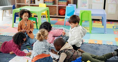 Buy stock photo Color, floor and drawing with kids in classroom for child development, artwork and creative project. Youth, academy and growth with students at school for knowledge, learning and kindergarten