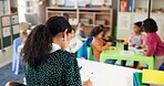 Grading, woman and teacher in classroom, education and review of test, growth and development of kids. Reading, educator and person with paperwork of quiz, group and children with knowledge in school