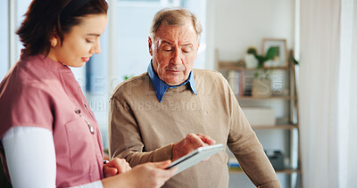 Buy stock photo Tablet, medical and nurse with senior man in clinic office for healthcare research. Digital technology, consultation and caregiver with elderly male patient in retirement for chronic illness.