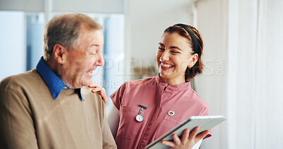 Buy stock photo Tablet, consultation and nurse with elderly man in clinic office for healthcare research. Digital technology, medical and caregiver with senior male patient in retirement for chronic illness.