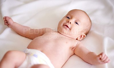 Buy stock photo Baby, relax and portrait on sheet of bed with diaper for comfortable, growth and calm in nursery. Cute, peace and body of infant on linen for future development, childhood and adorable at home