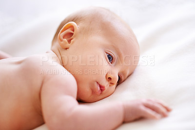 Buy stock photo Home, wake up and baby on bed for rest, relaxing and calm for nap with infant in nursery. Family, morning and face of newborn in bedroom for child development, comfortable and wellness in home