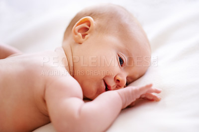 Buy stock photo Happy, wake up and baby on bed for rest, relaxing and calm for nap with blanket in nursery. Family, morning and closeup of newborn in bedroom for child development, comfortable and wellness in home