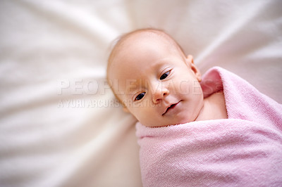 Buy stock photo Blanket, wrap and baby with curiosity on bed for child development, rest and healthy growth. Cute, infant and top view with peace on sheet in nursery for adorable, relaxation and comfortable at home