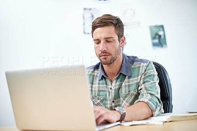 Programmer, laptop and startup with office, research and creative work for entrepreneurship. Web designer, technology and website for blogging, email and networking for small business communication