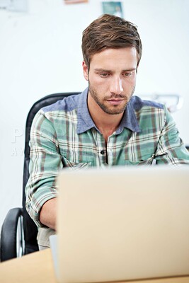 Programmer, laptop and small business with office, research and creative work for entrepreneurship. Web designer, technology and website for blogging, email and networking for startup communication