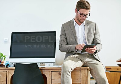 Buy stock photo Office, journalist or businessman with tablet for research, article information or news stories online by workspace. Male employee, content writer and glasses for reading, digital updates or connect