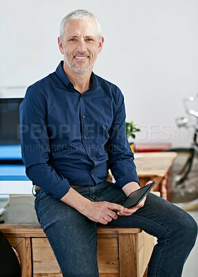 Buy stock photo Portrait, tablet and mature business man in office for career, job or work at startup in Canada. Creative, editor and happy professional entrepreneur or manager on tech for project research online