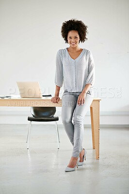 Buy stock photo Portrait, happy and creative business woman in office for career, job or working at startup. Smile, graphic designer and professional entrepreneur, employee and young worker at company in Brazil