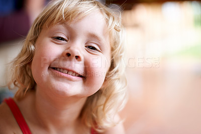 Buy stock photo Happy, little girl and portrait with face for fun childhood, holiday or weekend at playground. Kid, child or young toddler with cute smile for summer break, youth or outdoor activity at play park