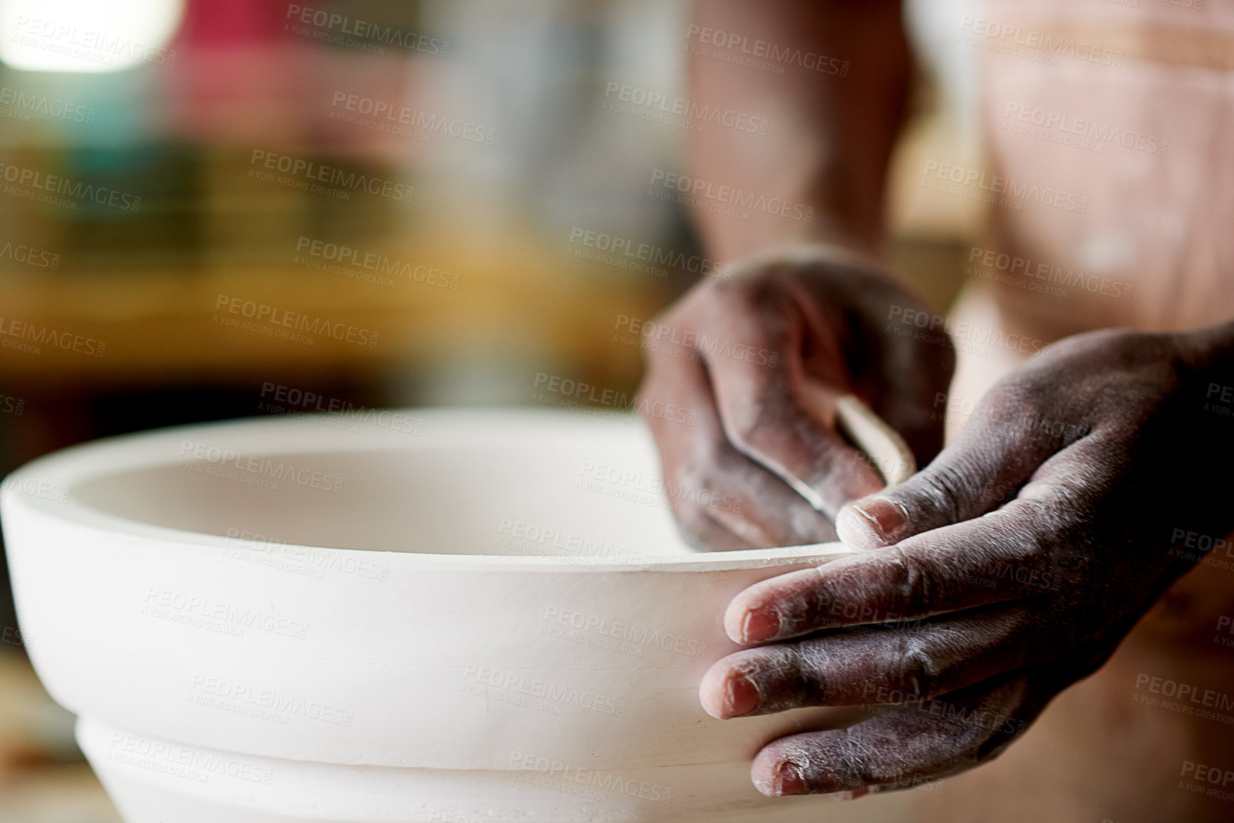 Buy stock photo Hands, pottery and person with sandpaper for craft, ceramics and art with handmade pot in workshop. Skill, creativity and closeup for smooth texture, artisan and production process for sculpting