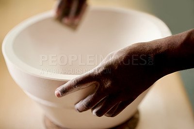 Buy stock photo Hands, pottery and person with ceramic in workshop with manufacturing process for small business. Creative, design and ceramist molding product for handmade sculpture with talent, skill and art.