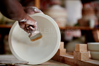 Buy stock photo Workshop, pottery and painting of sculpture, hands and creativity for design in store and productivity. Small business, artisan and person with skills for craftsmanship, painter and color for artwork