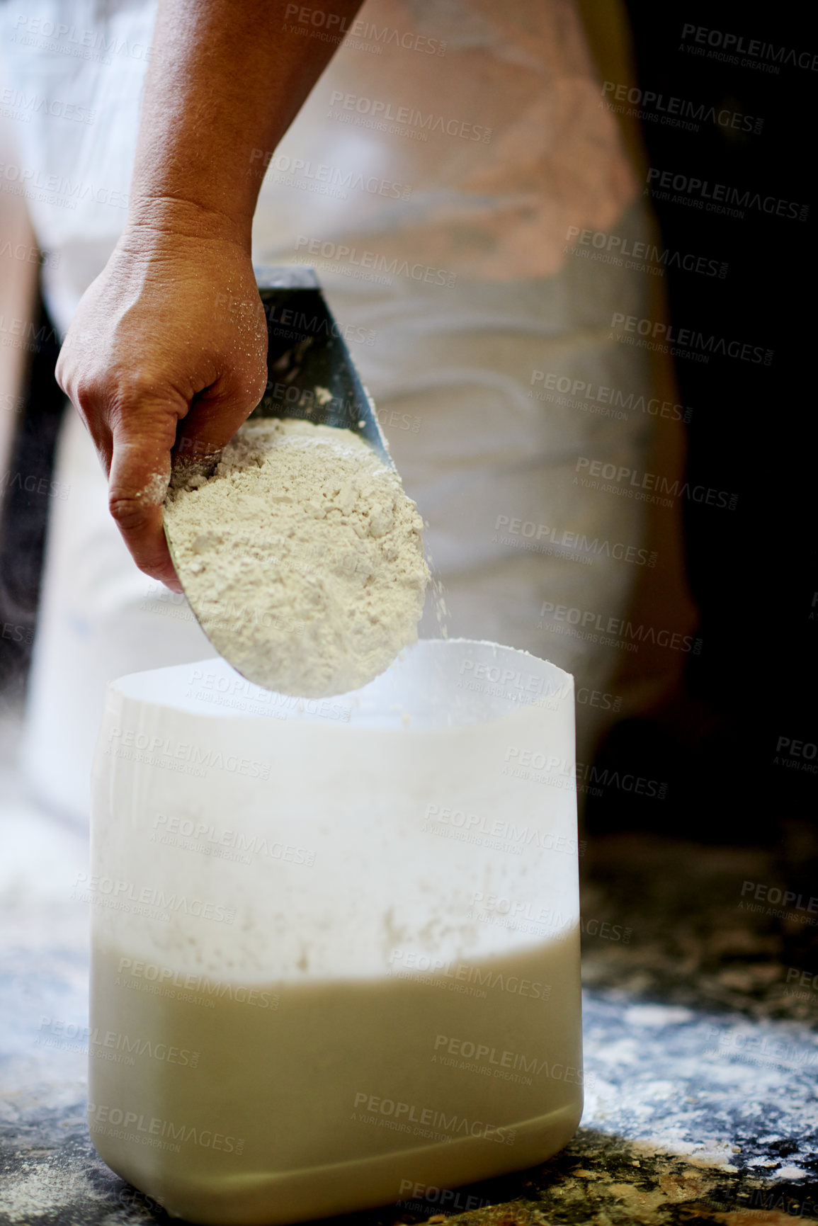 Buy stock photo Workshop, art and hands with glaze, mixing and process for texture of pottery, creative and artisan. Startup, artist and person with liquid for production, craftsmanship and entrepreneur with powder