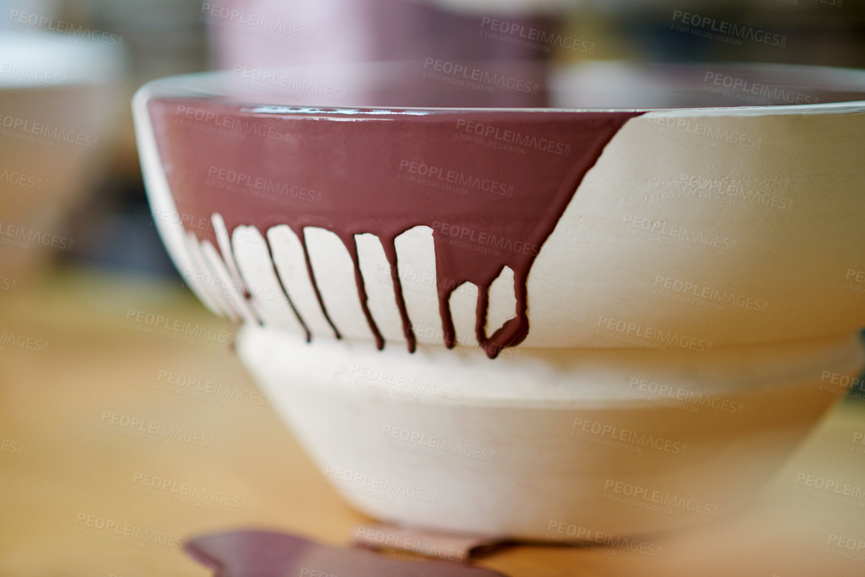 Buy stock photo Clay, bowl and painting of pottery craft for art process, glazing preparation and creative design. Sculpture, creation and manufacturing for diy project, decoration pattern and artwork for production