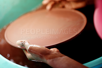 Buy stock photo Workshop, artisan and hands with art, ceramic and manufacturing of sculpture, creative and small business. Production, craftsmanship and person with product for store, talent and skills for creation
