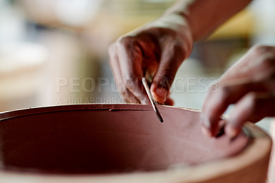 Buy stock photo Hands, person and cut clay for pottery design, shape sculpture and drying process in workshop. Worker, tools and manufacturing for ceramic production, diy craft and creative project of artwork method
