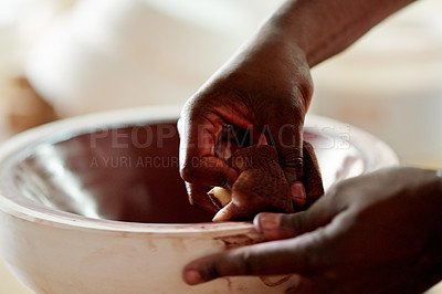 Buy stock photo Hands, pottery and sponge with person in workshop for manufacturing or production of ceramics. Art, creative and design with potter closeup in studio for crafting or sculpting of earthenware